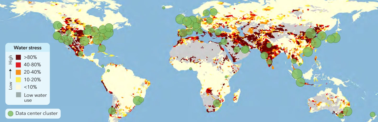 World map showing data center clusters overlapping areas of water stress.