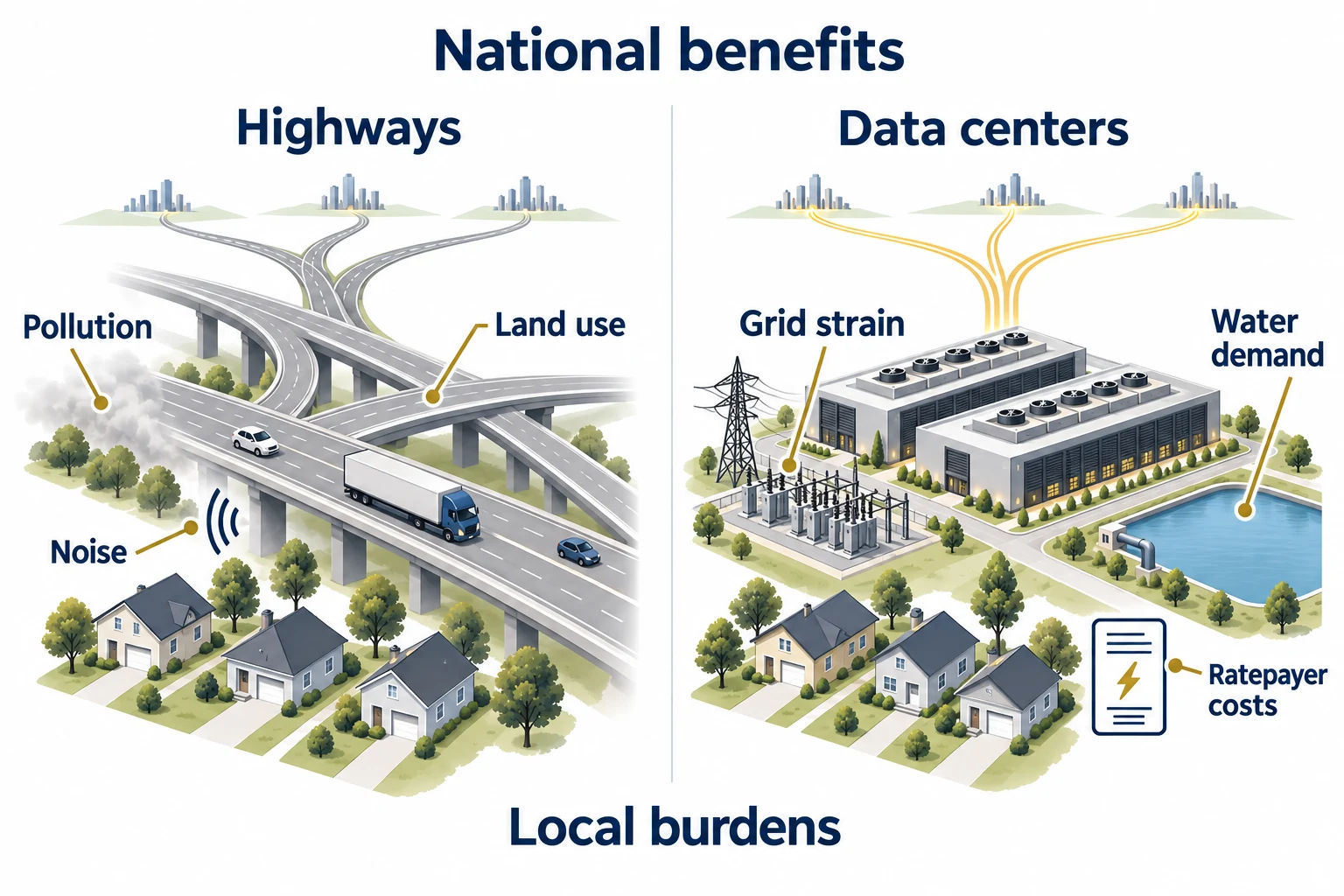 Side-by-side illustration of highways and data centers, connecting national benefits with local burdens including pollution, land use, noise, grid strain, water demand, and ratepayer costs.
