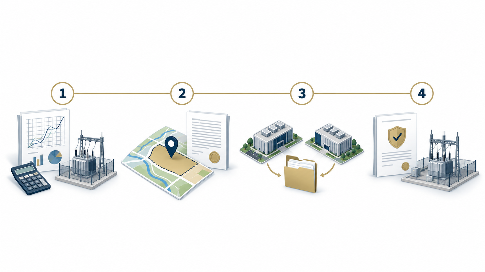 Four connected illustrations: a grid study and calculator, a site map and legal document, competing datacenter requests, and a financial guarantee for grid infrastructure.